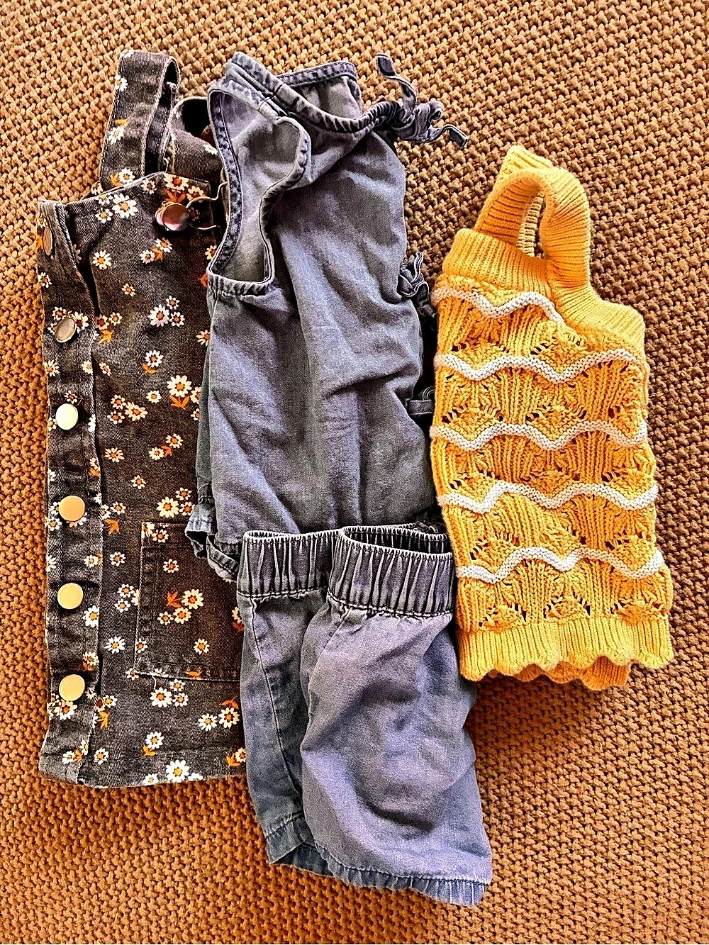 18 month old clothes bundle denim matching set, flower overall dress, knitted to